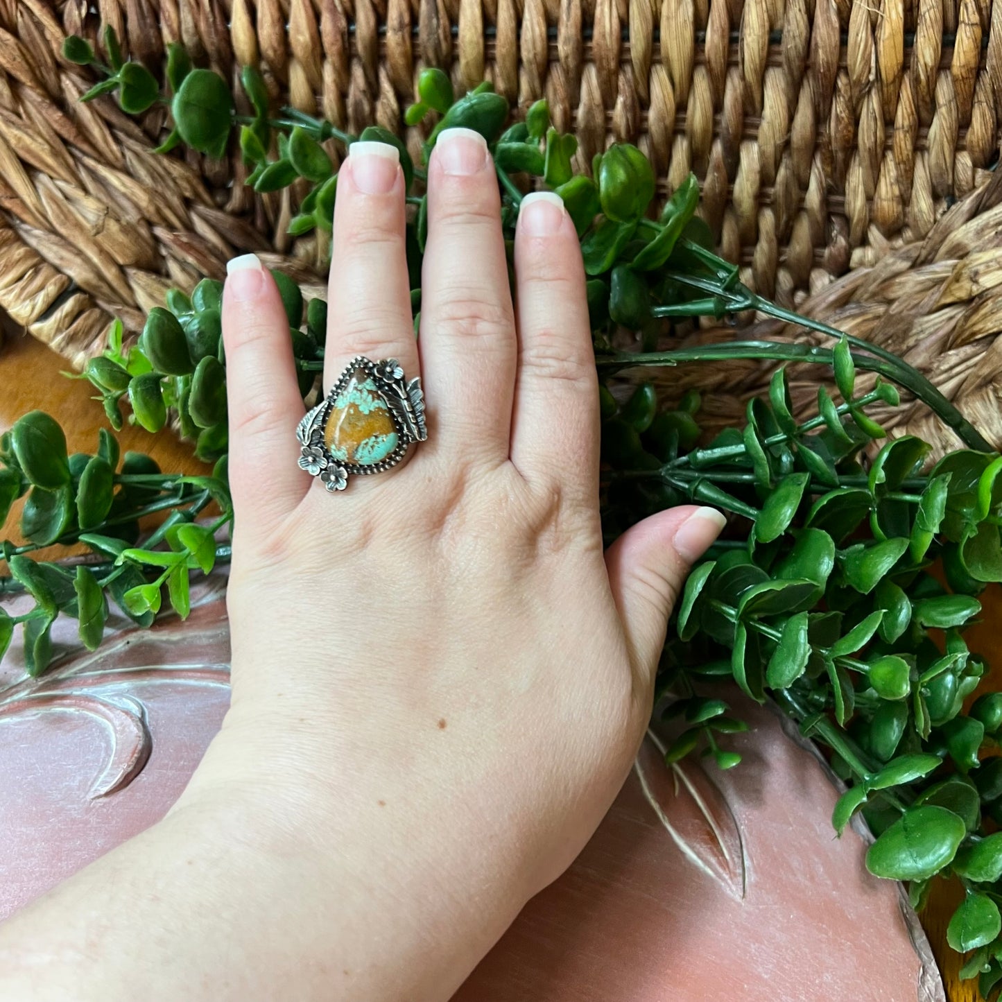 925 Sterling Silver Kingman Turquoise Floral Butterfly Statement Ring Sz 9