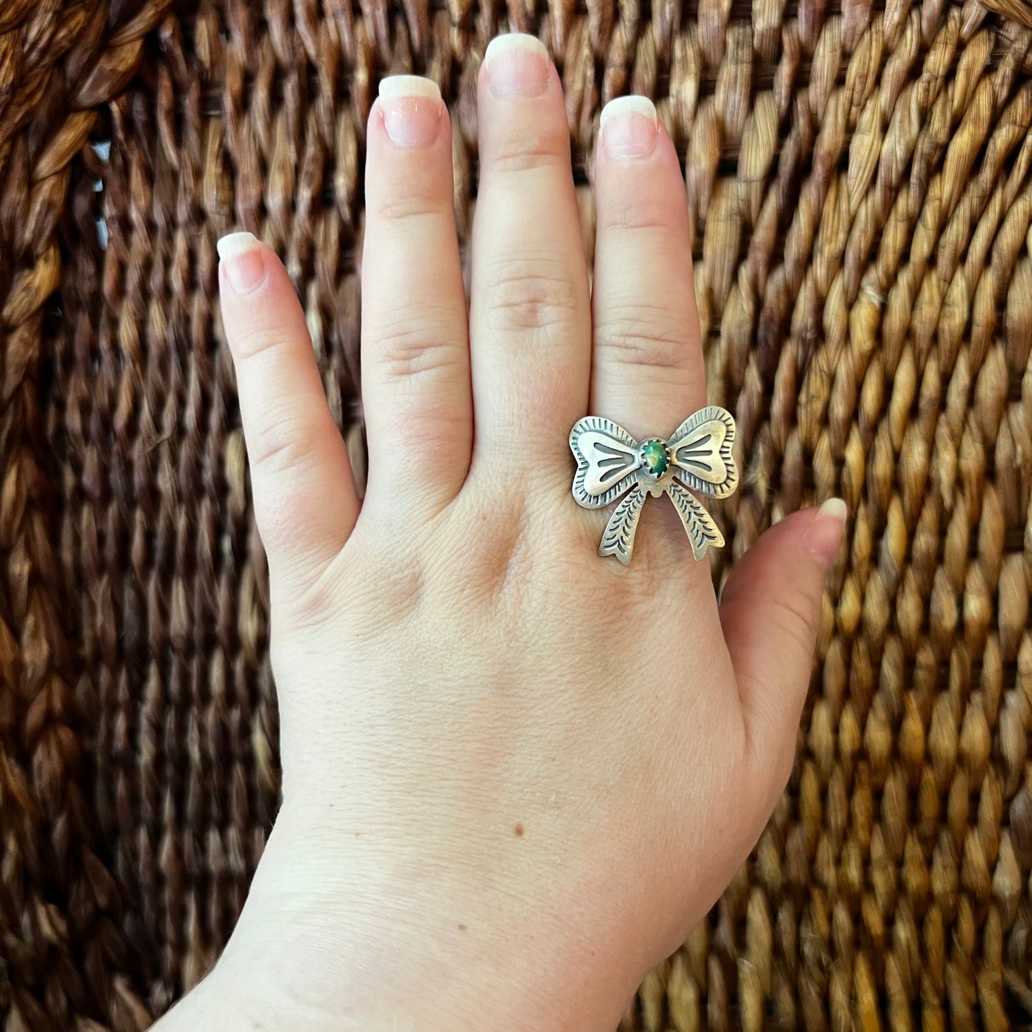 Sterling Silver Kingman Turquoise Bow Ring – Adjustable Size 10