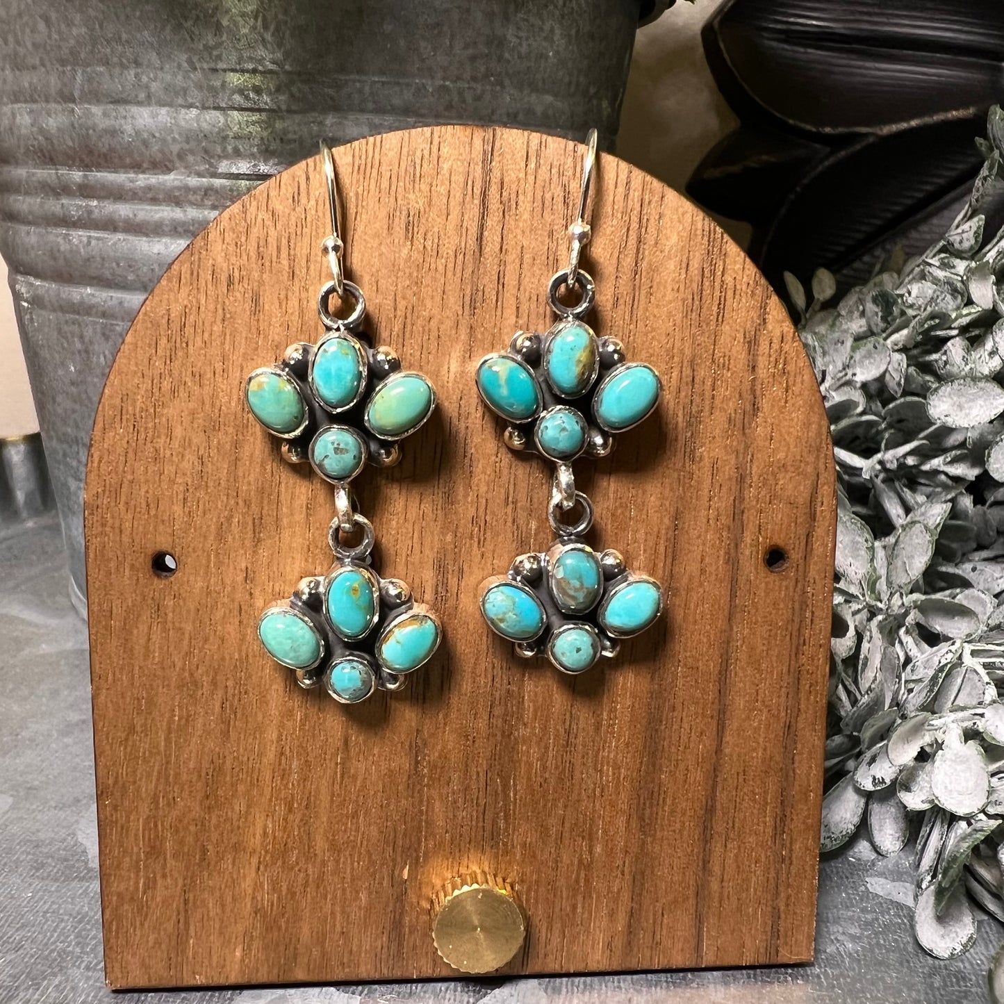 Kingman Turquoise Cluster Dangle Earrings in Sterling Silver