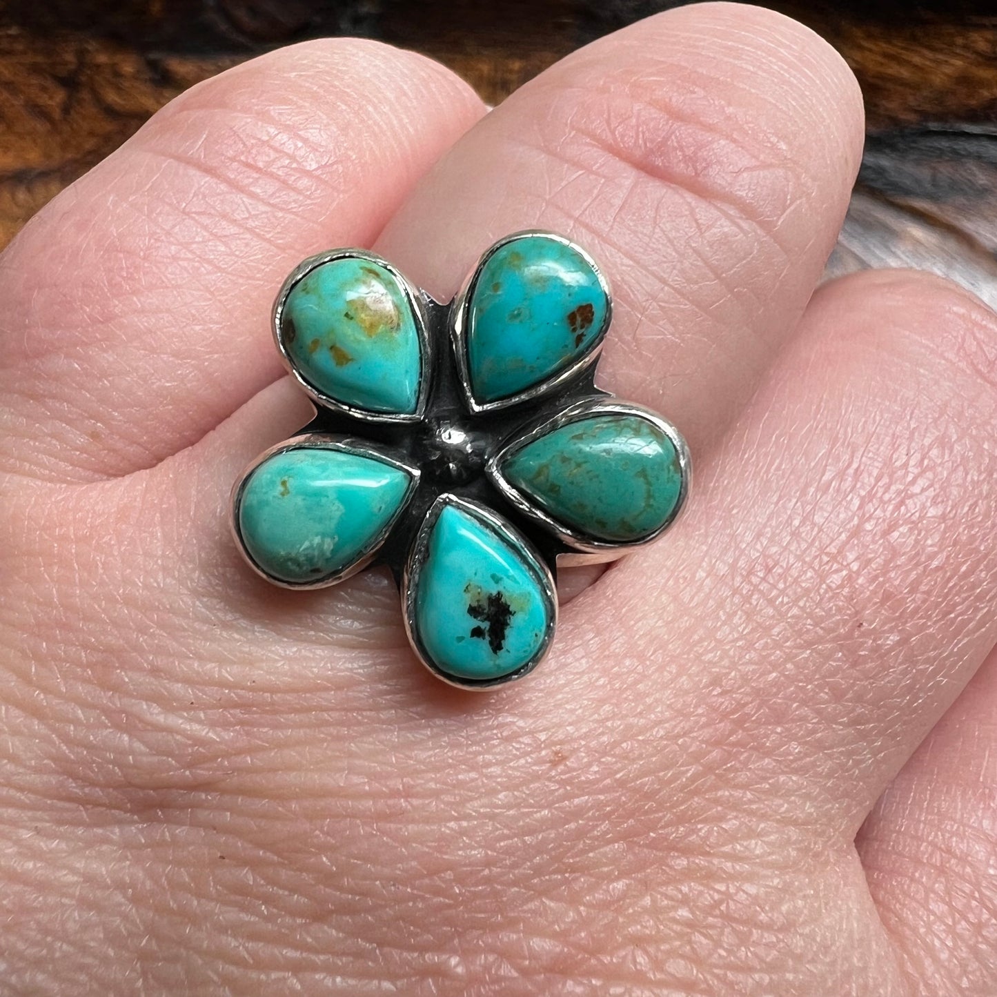Sterling Silver & Kingman Turquoise Flower Ring | Size 9