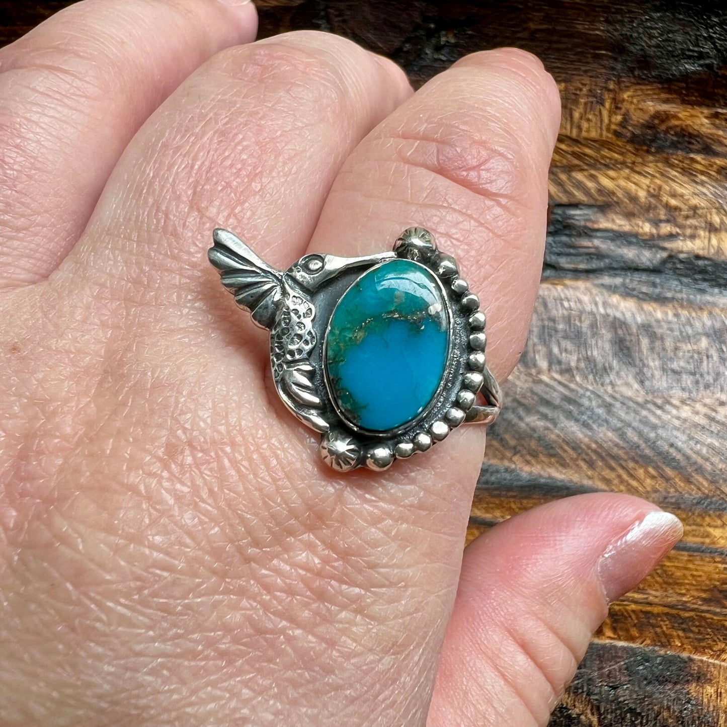 Kingman Turquoise Hummingbird Sterling Silver Ring – Size 9.5