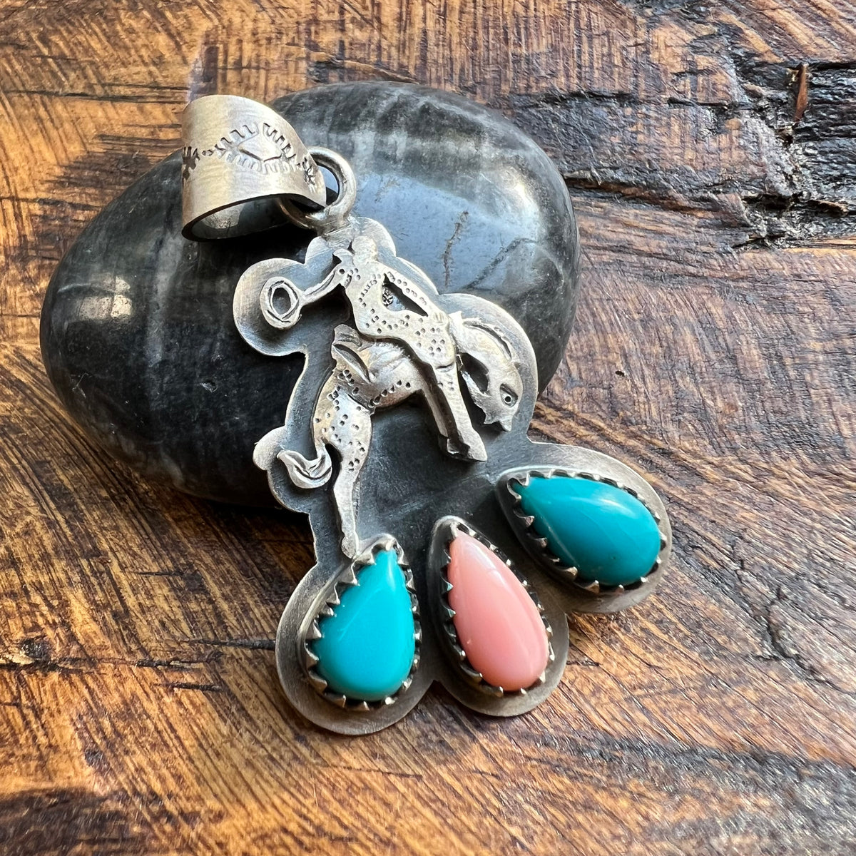 Sterling Silver Kingman Turquoise Queen Conch Bucking Bronco Pendant