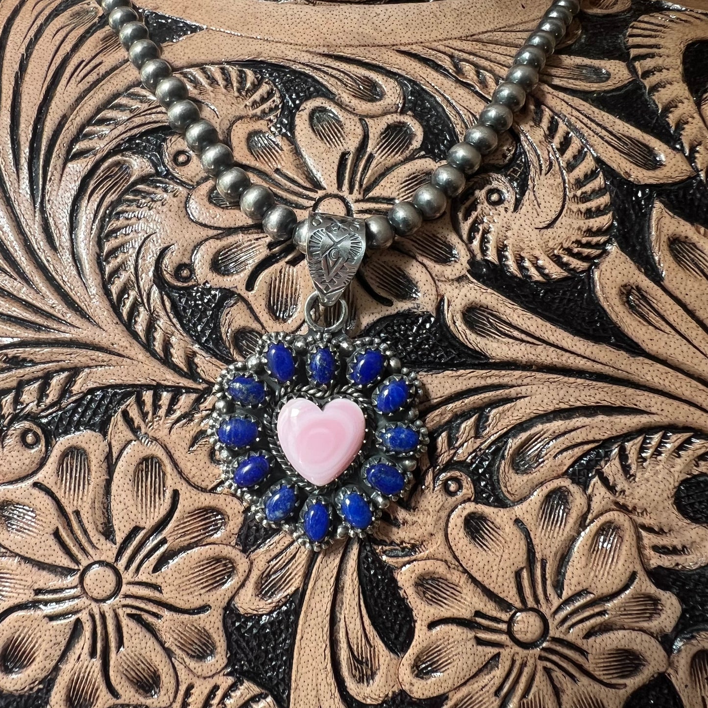 Pink Queen Conch Heart & Lapis Lazuli Statement Pendant – Sterling Silver