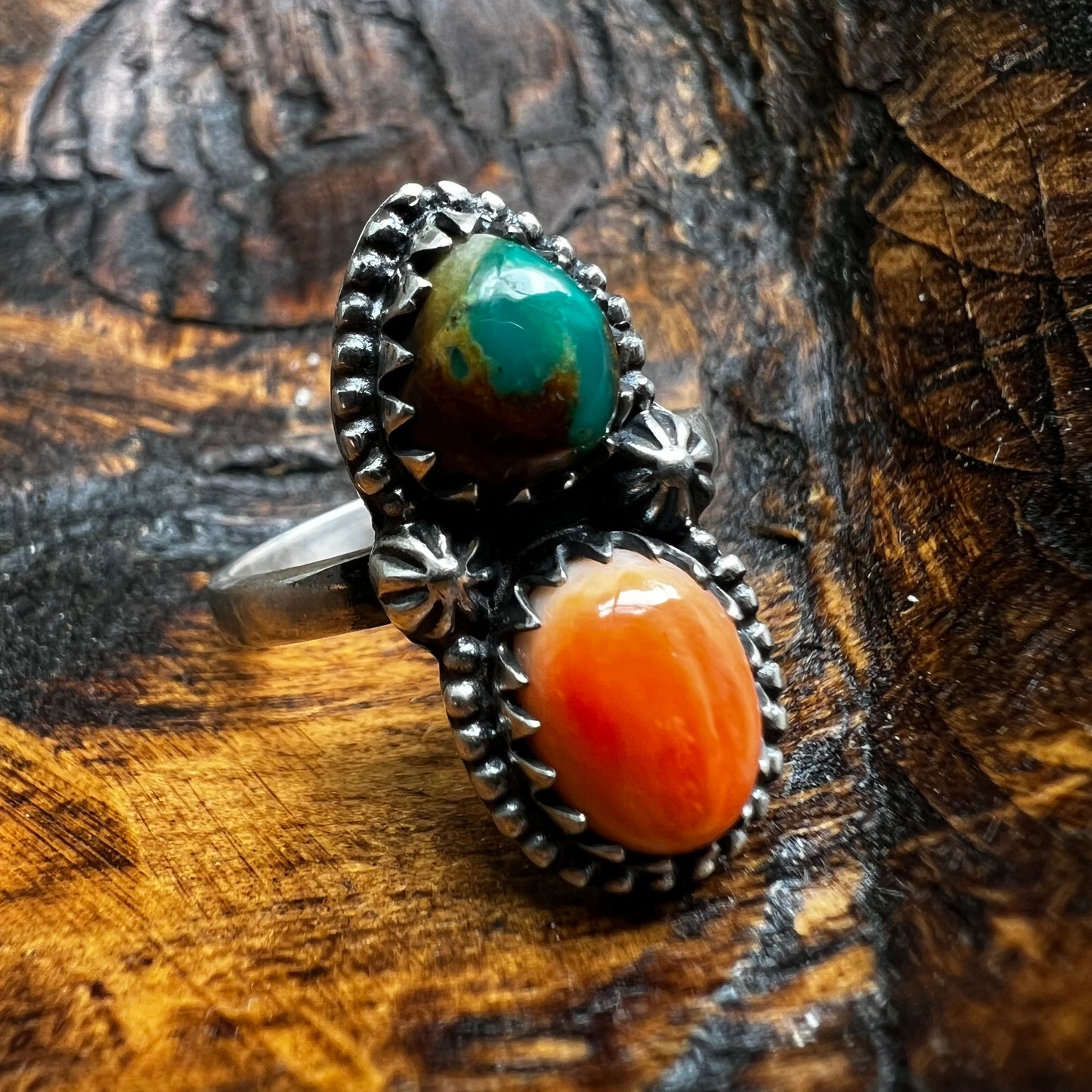 Sterling Silver Fox Turquoise Spiny Oyster Adjustable Ring Size 8