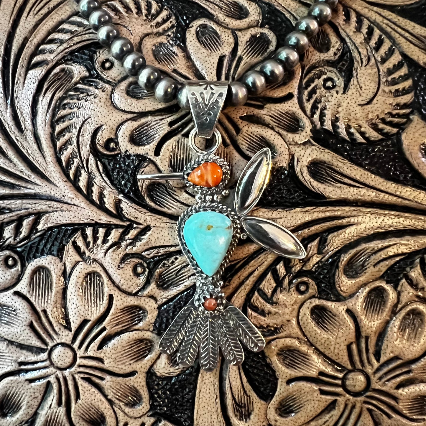 Kingman Turquoise Spiny Oyster Coral Hummingbird Pendant