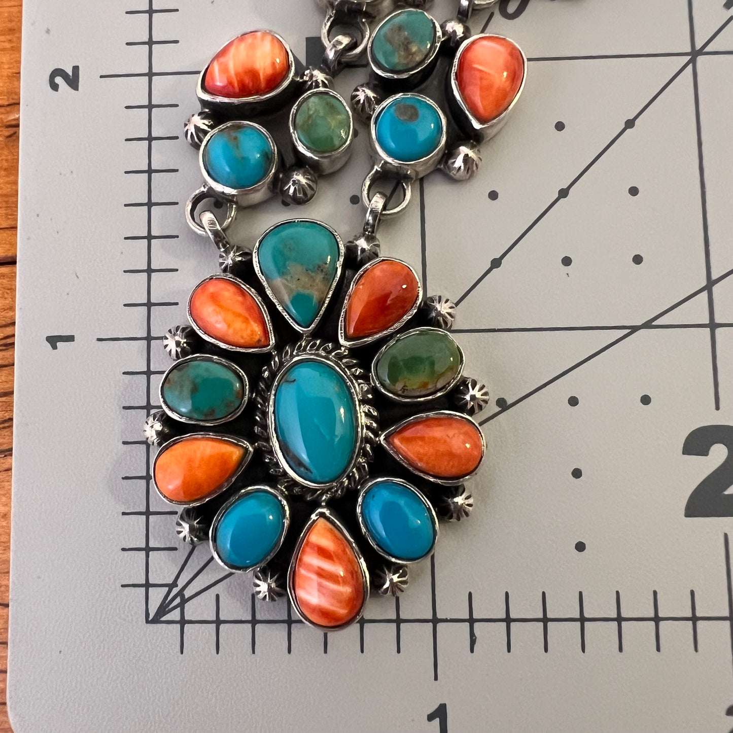 Collector’s Kingman Turquoise & Spiny Oyster Cluster Necklace – 29 Stone Statement