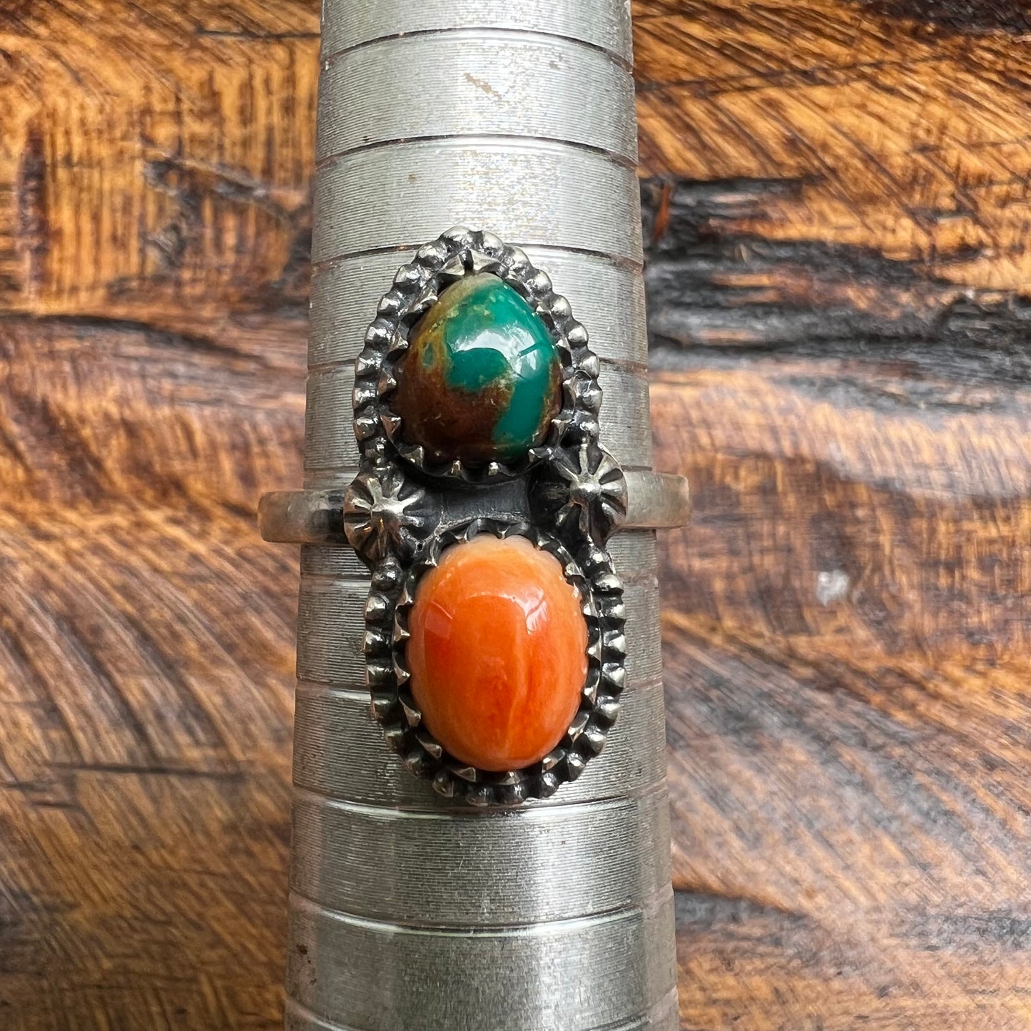 Sterling Silver Fox Turquoise Spiny Oyster Adjustable Ring Size 8