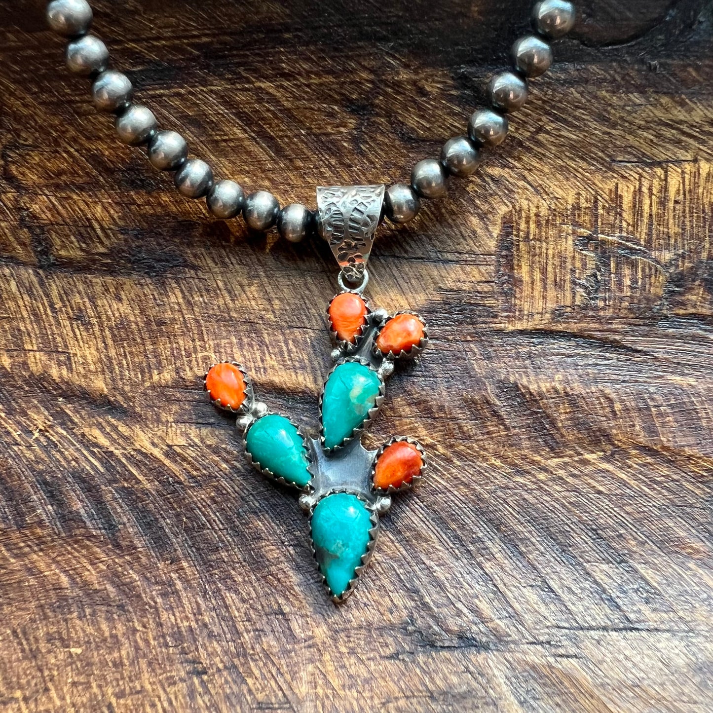 Southwestern Sterling Silver Turquoise & Spiny Oyster Cactus Pendant