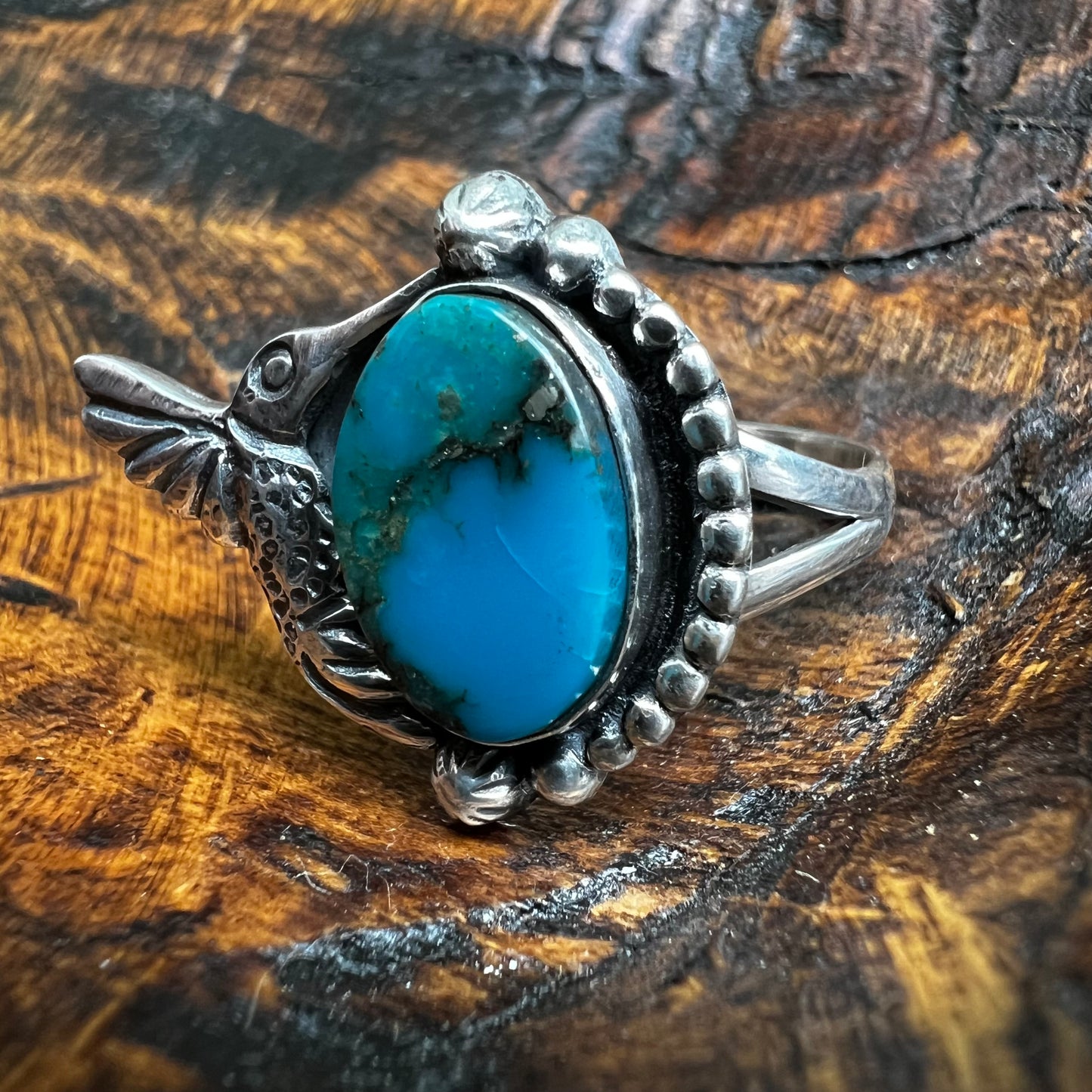 Kingman Turquoise Hummingbird Sterling Silver Ring – Size 9.5