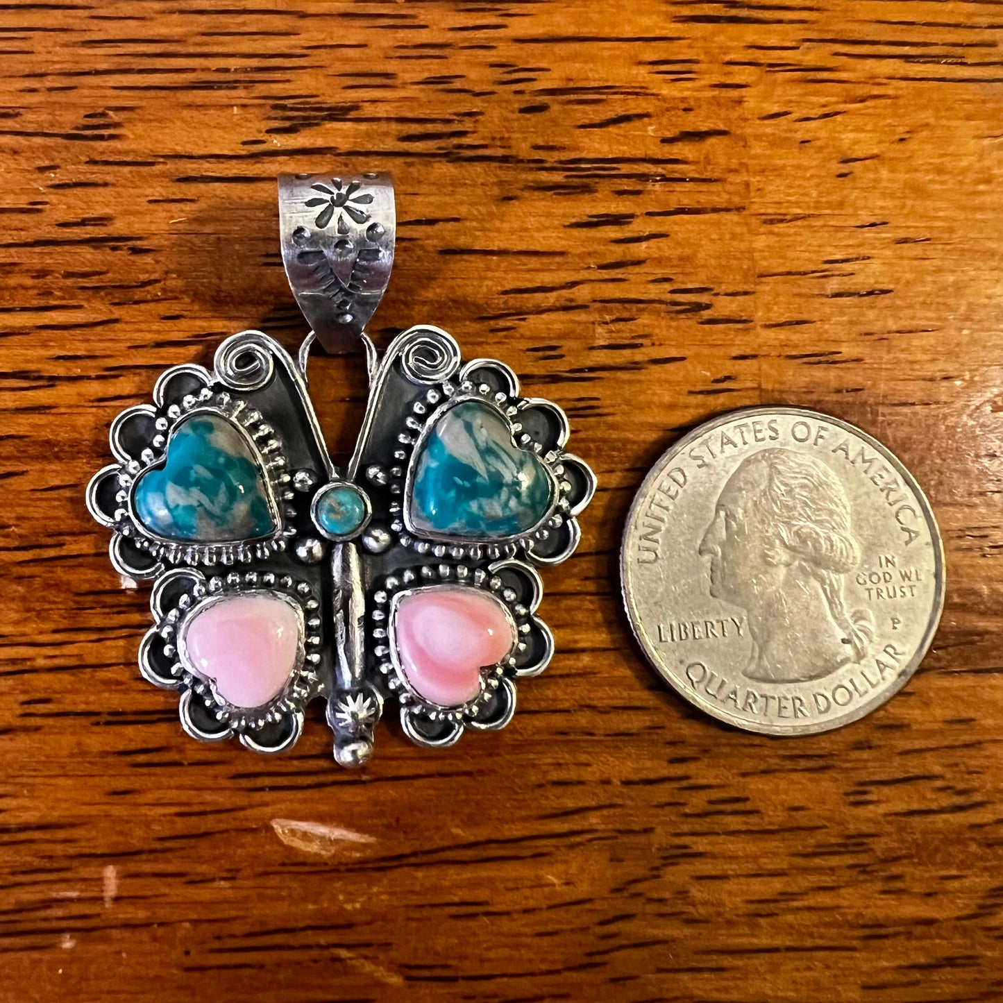 Ribbon Turquoise & Queen Conch Butterfly Pendant | Sterling Silver Handmade Southwest Jewelry