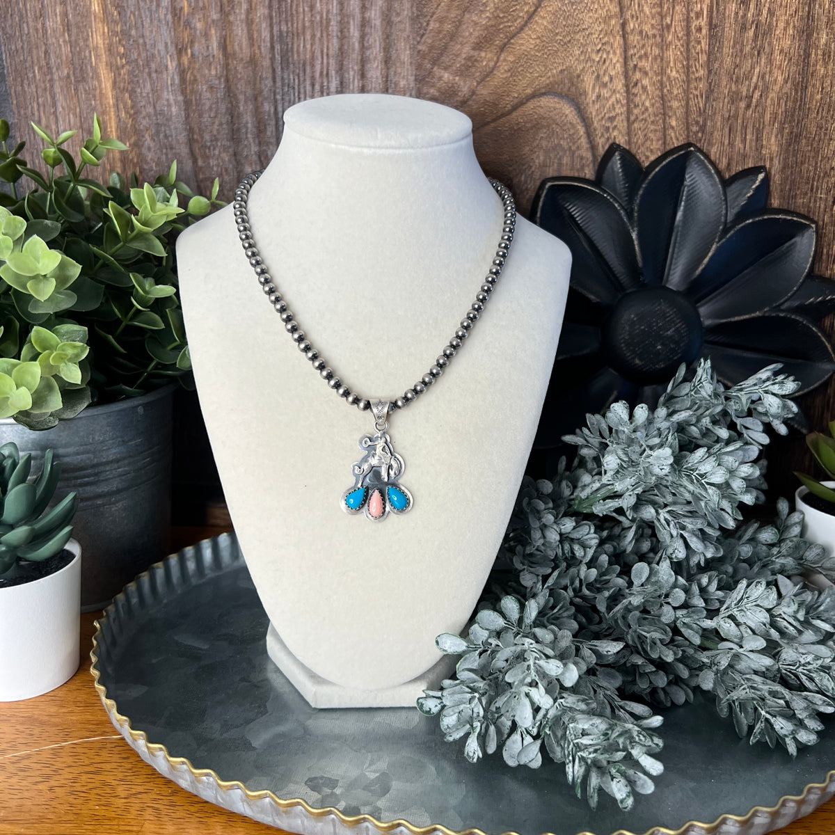 Sterling Silver Kingman Turquoise Queen Conch Bucking Bronco Pendant