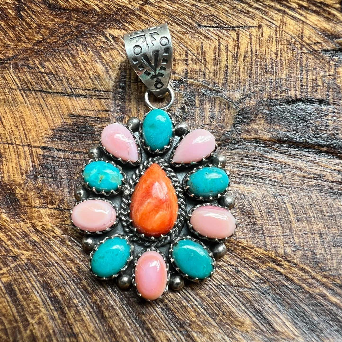 Sterling Kingman Turquoise Queen Conch Spiny Oyster Cluster Pendant