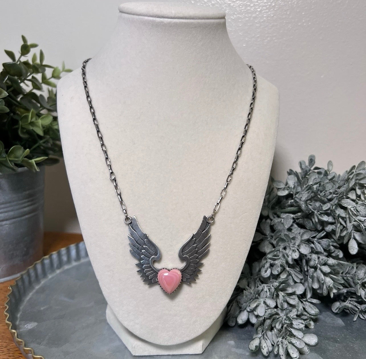 Sterling Silver Queen Conch Heart & Wings Necklace – Handcrafted Southwestern Statement
