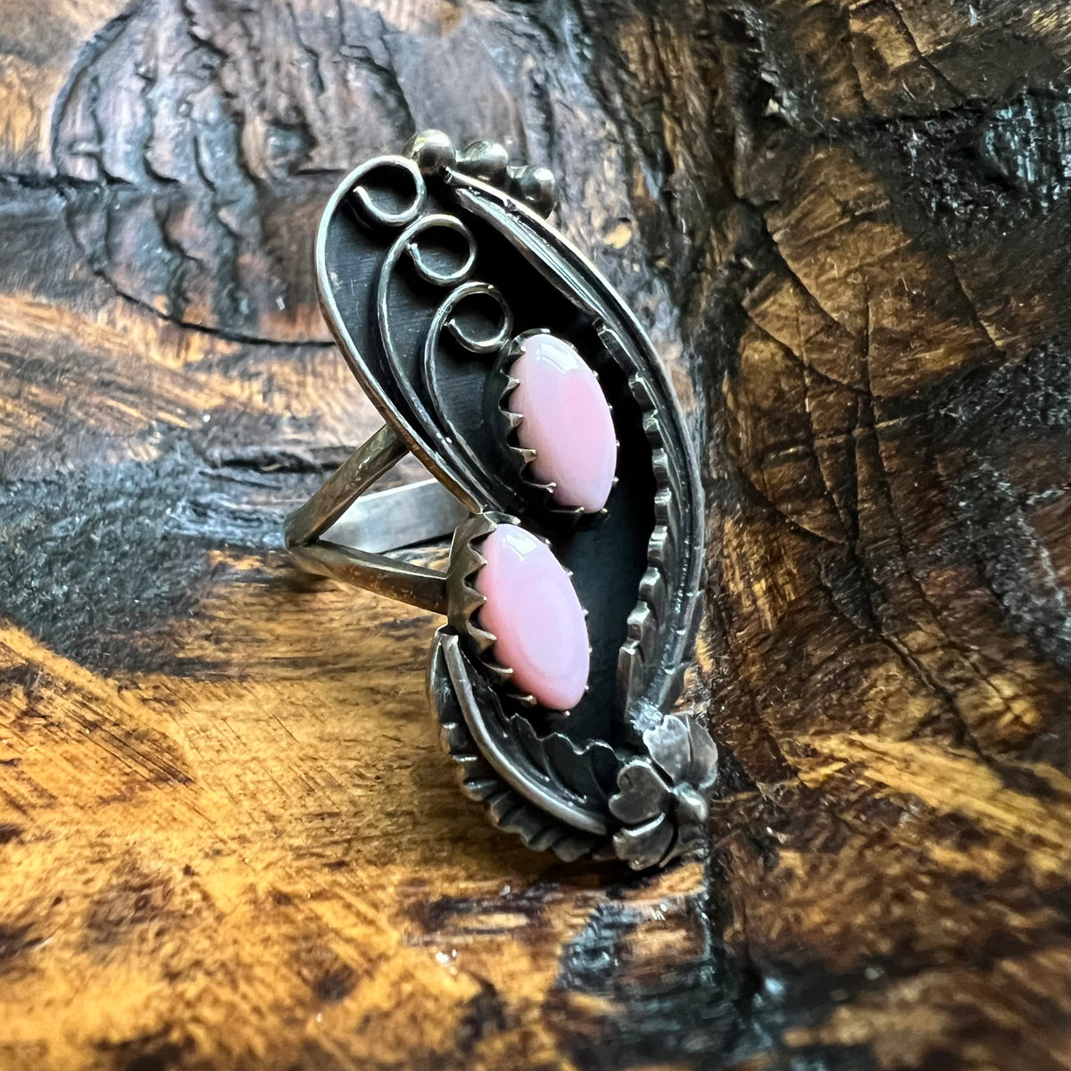 Sterling Silver Queen Conch Double Stone Floral Leaf Ring Size 8