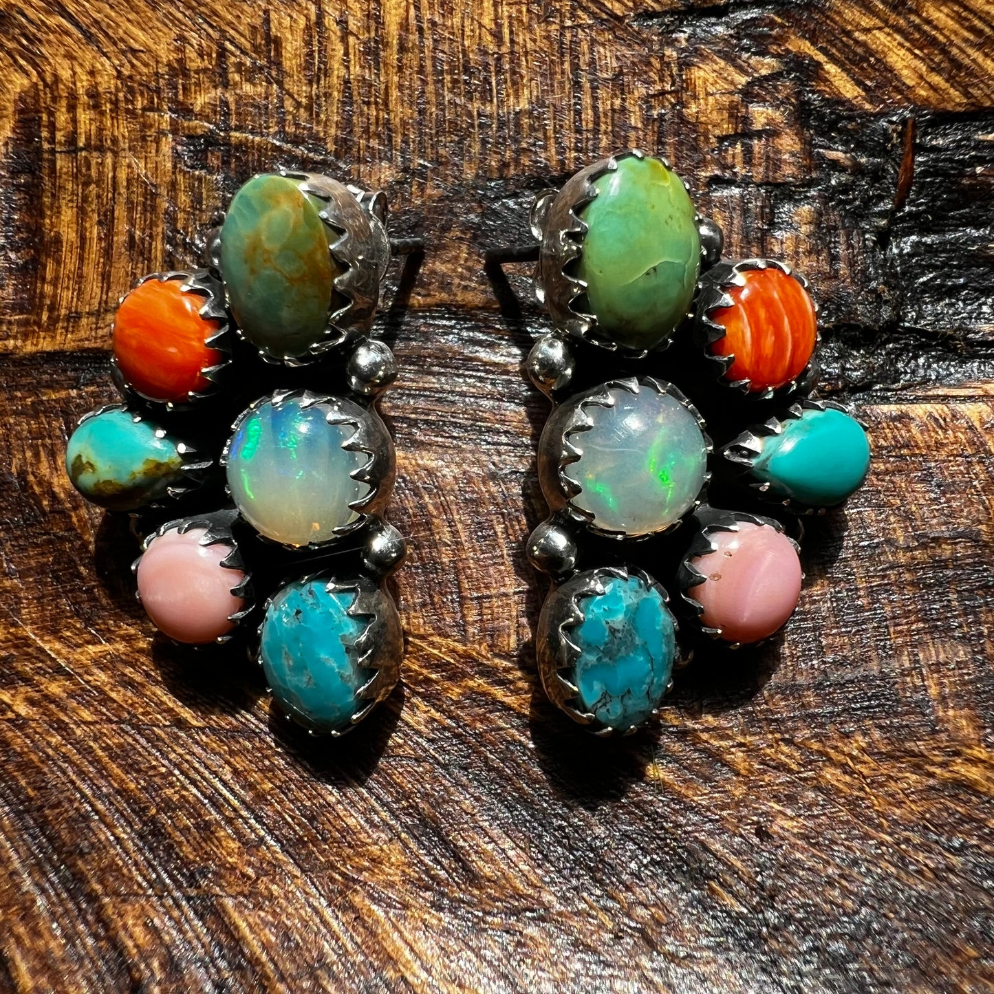 Multistone Cluster Earrings in Sterling Silver | Turquoise, Opal, Pink Conch & Spiny Oyster
