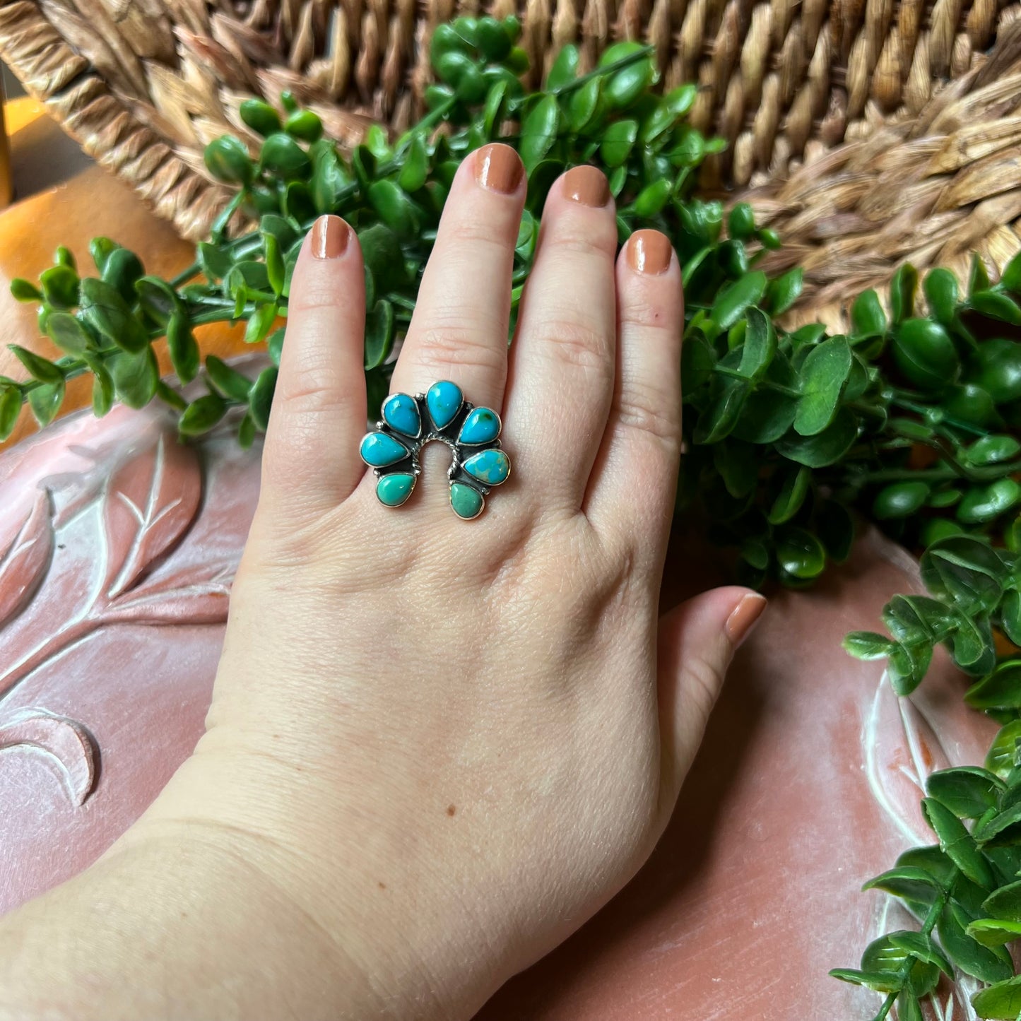 Kingman Turquoise Naja Cluster Ring – Sterling Silver Statement, Size 8
