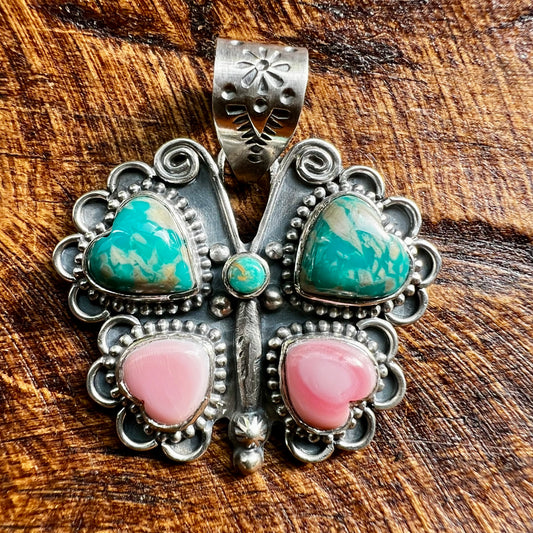Ribbon Turquoise & Queen Conch Butterfly Pendant | Sterling Silver Handmade Southwest Jewelry