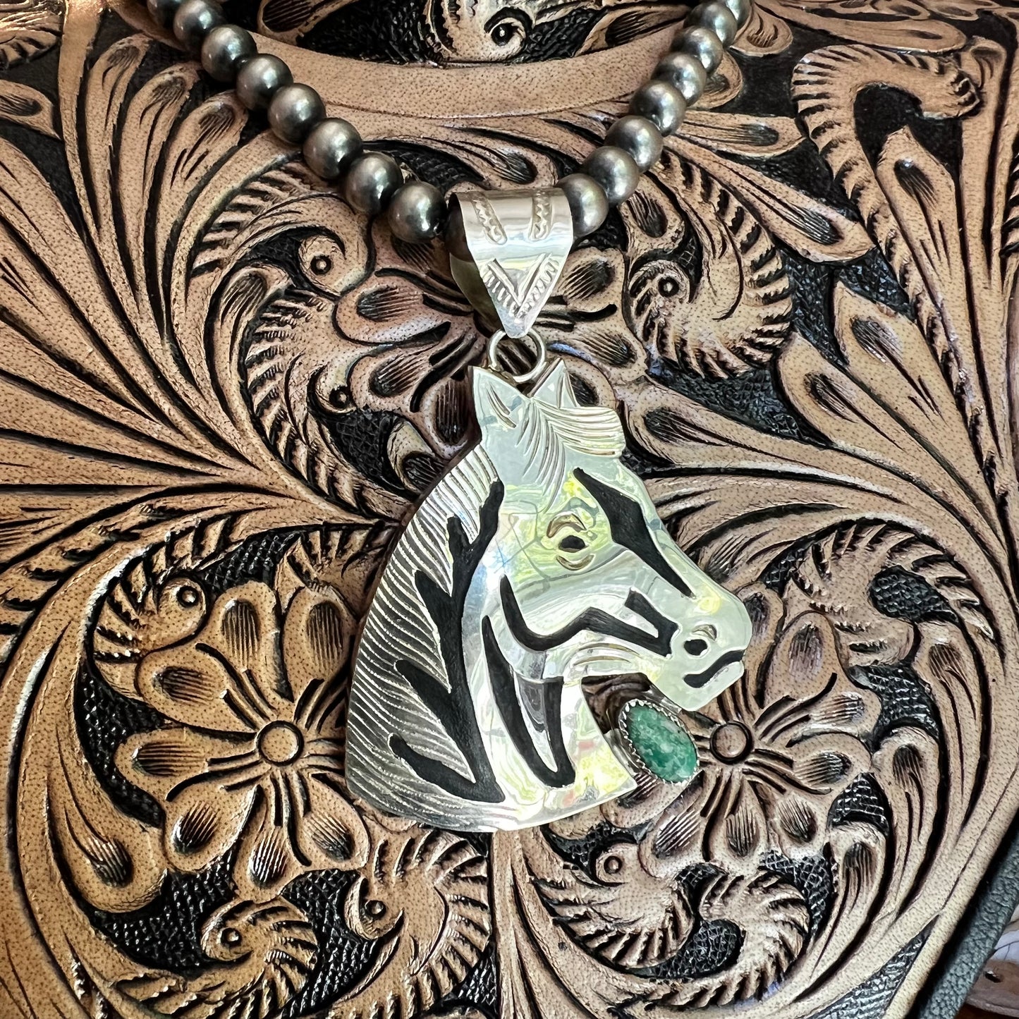 Alonzo Mariano Navajo Sterling Silver Horse Kingman Turquoise Pendant Signed