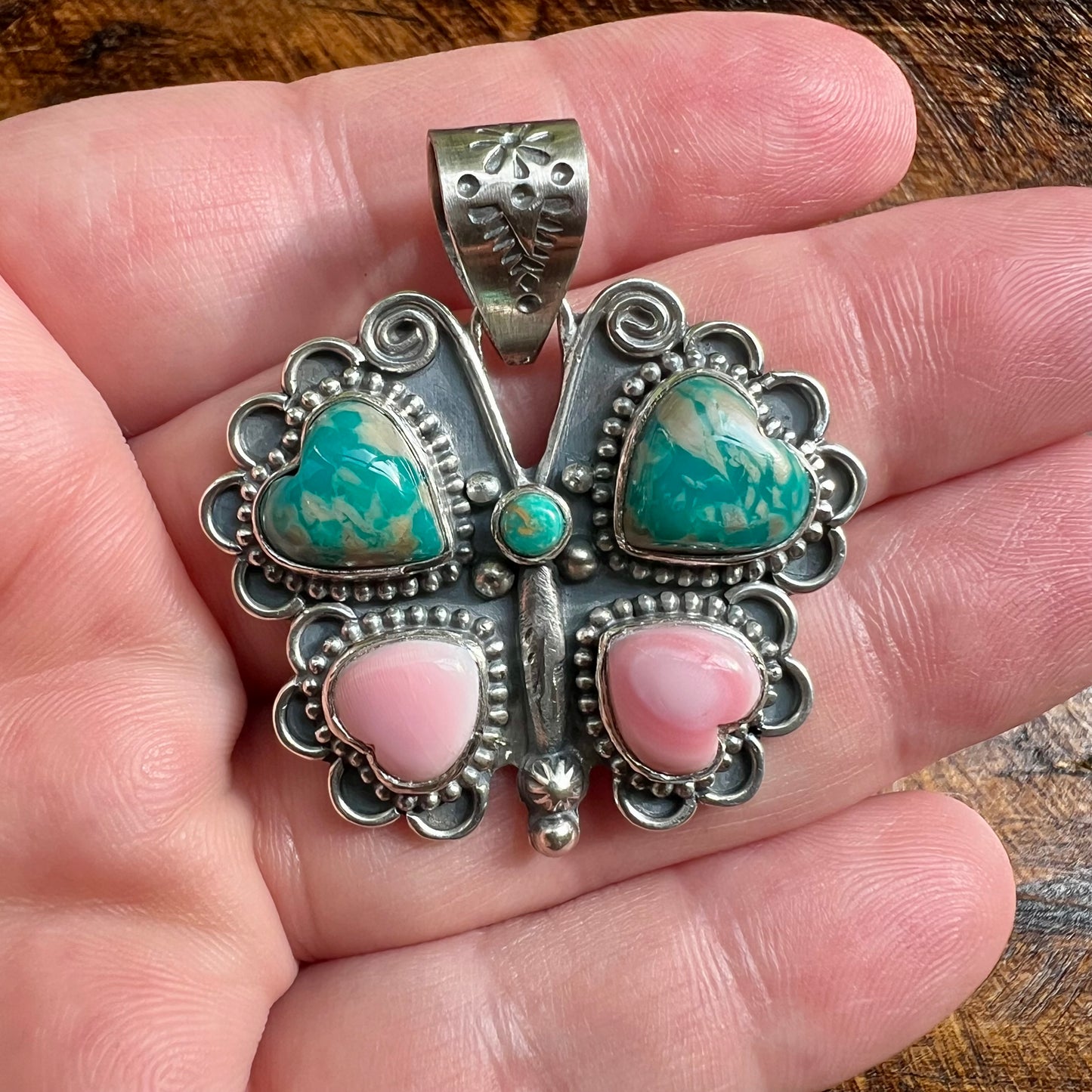 Ribbon Turquoise & Queen Conch Butterfly Pendant | Sterling Silver Handmade Southwest Jewelry