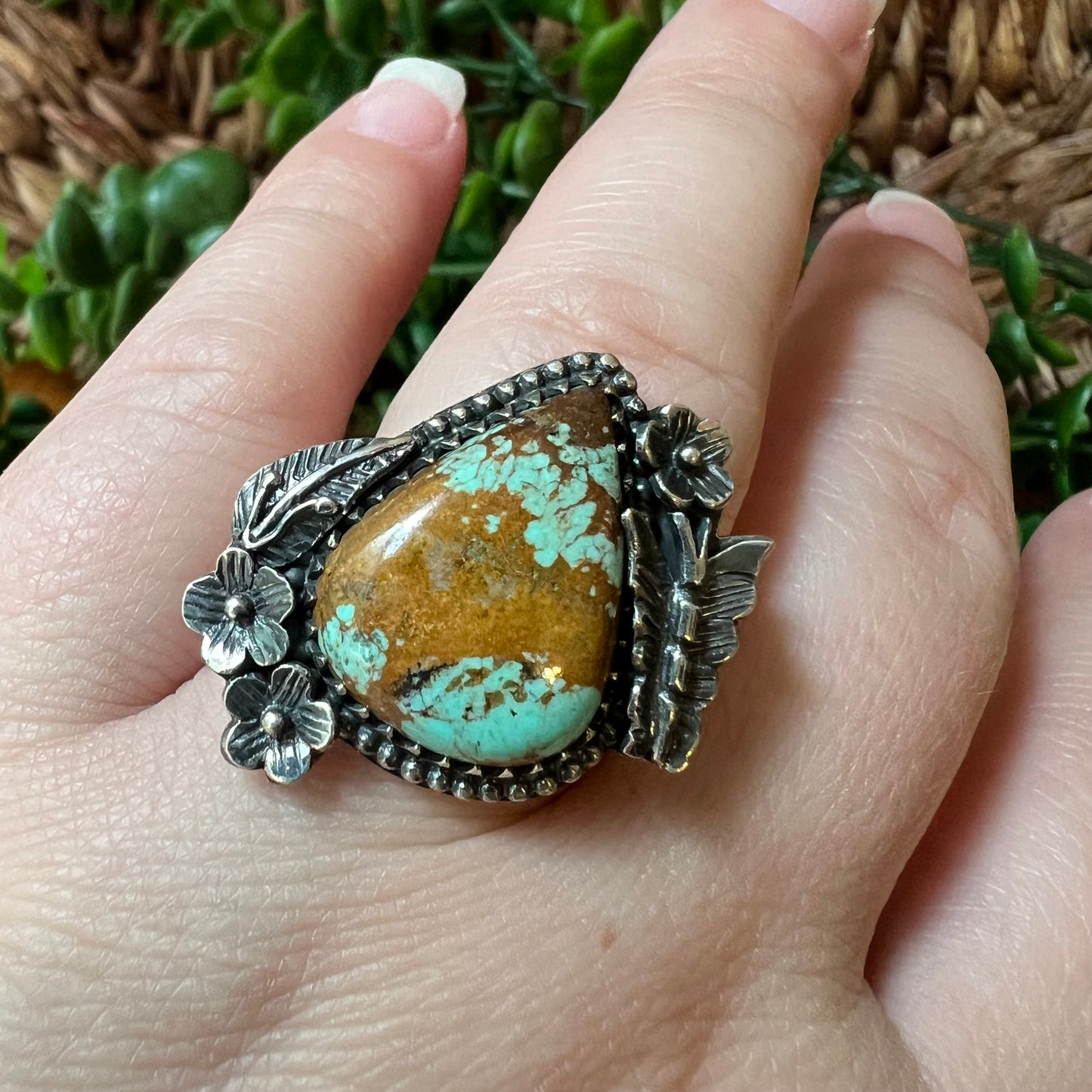 925 Sterling Silver Kingman Turquoise Floral Butterfly Statement Ring Sz 9