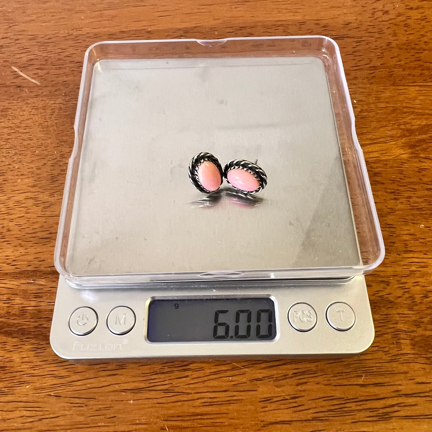 Pink Queen Conch Oval Stud Earrings | Sterling Silver Rope Bezel