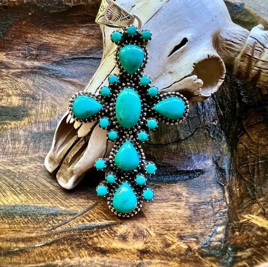 Sterling Silver & Kingman Turquoise Cluster Cross Pendant