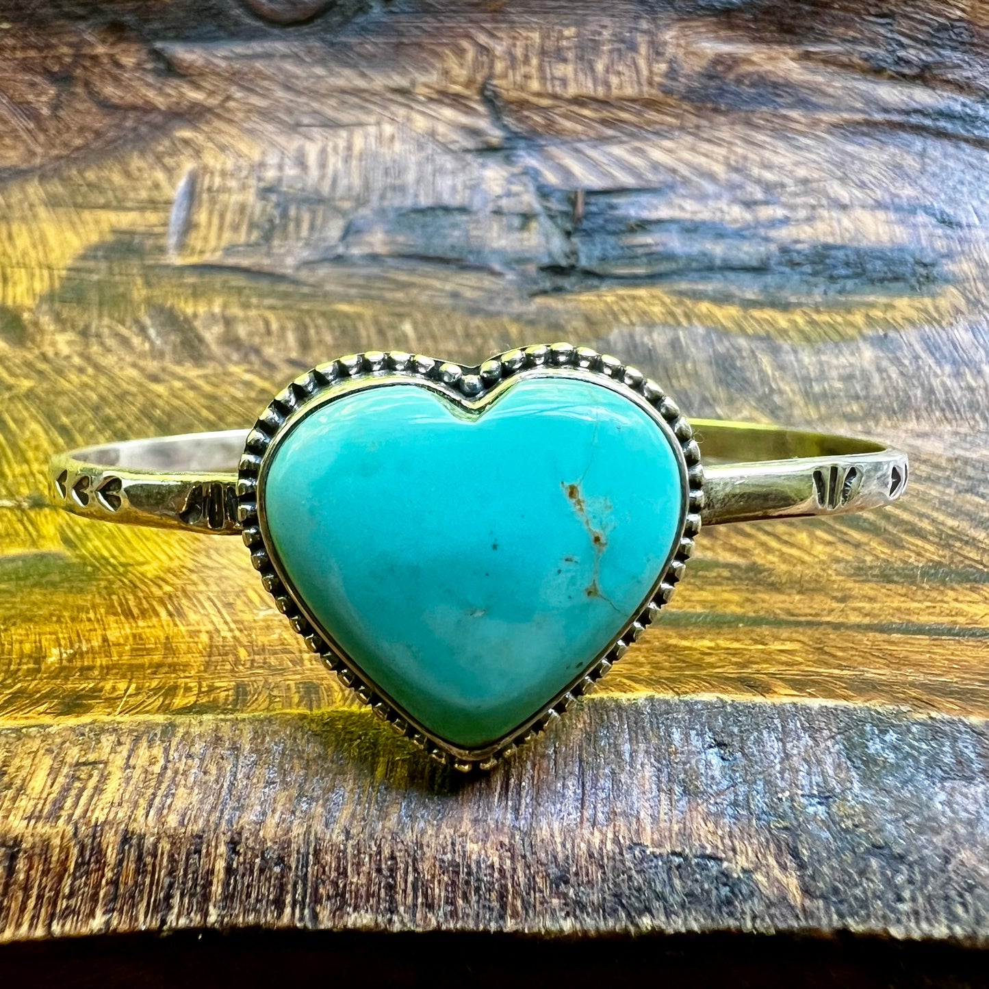 Kingman Turquoise Heart Cuff Bracelet Sterling Silver Adjustable