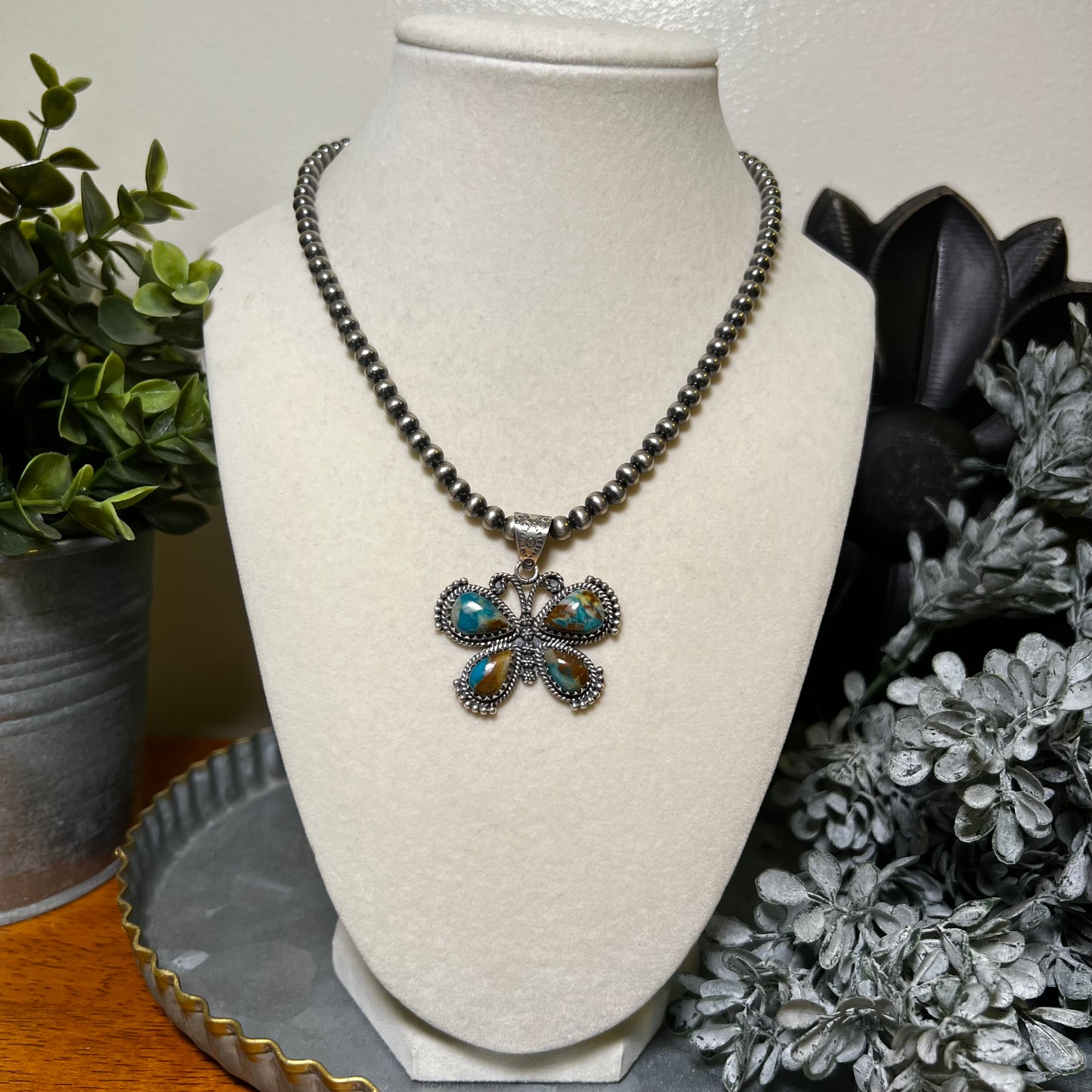 Ribbon Turquoise Statement Butterfly Pendant in Sterling Silver