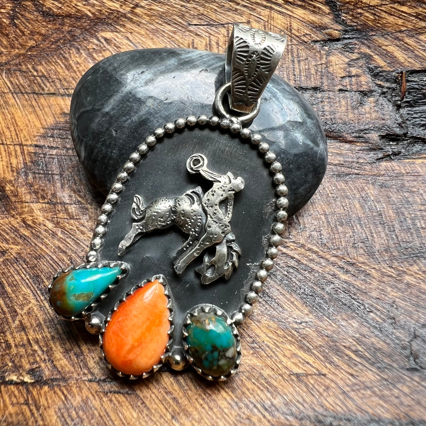 Sterling Silver Kingman Turquoise Spiny Oyster Bucking Bronco Pendant