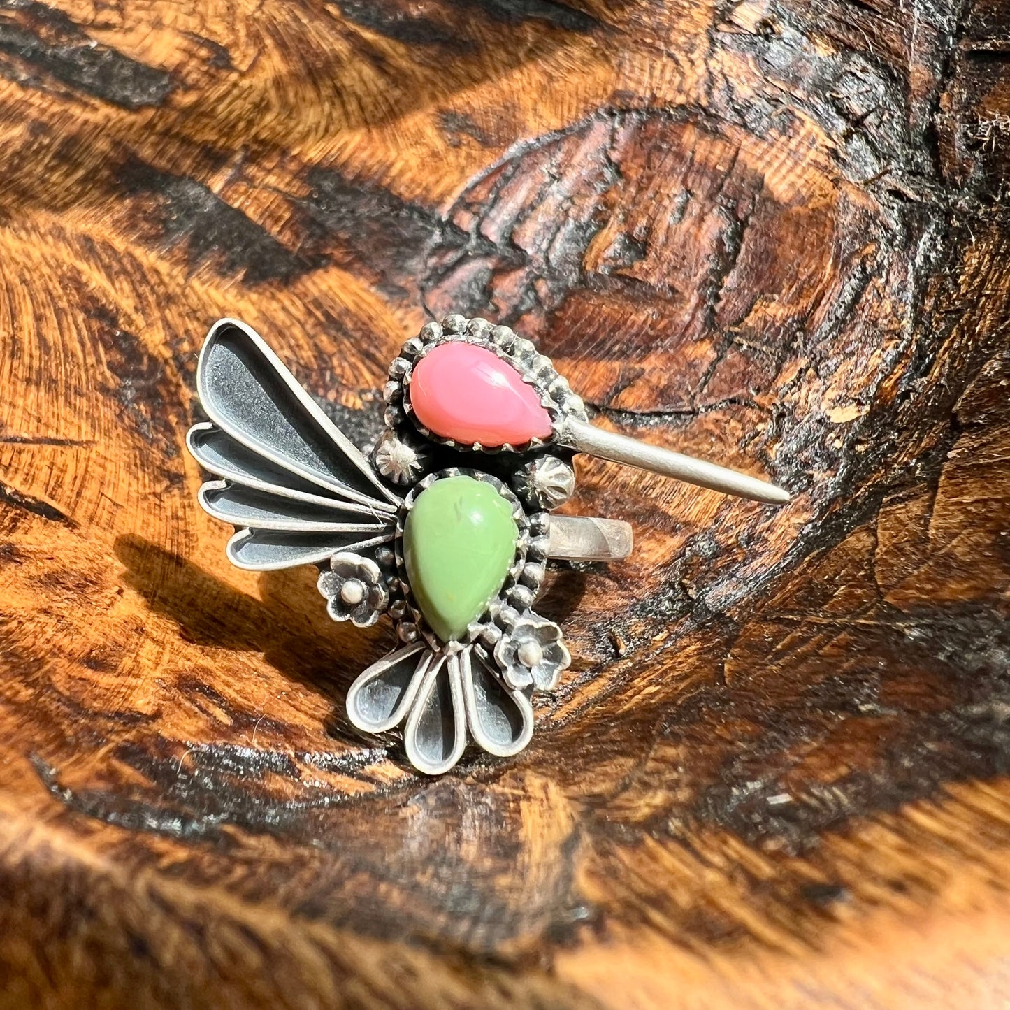 Sterling Silver Green Turquoise Queen Conch Hummingbird Ring Adjustable 8
