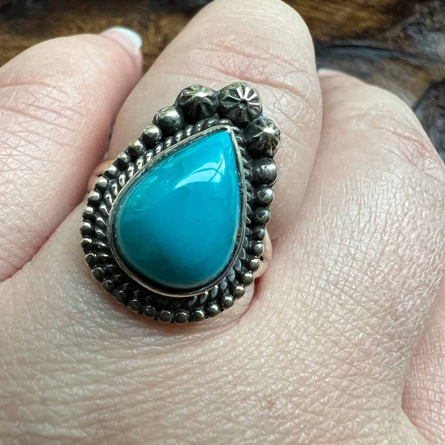 Sterling Silver Kingman Turquoise Teardrop Ring Size 8.5