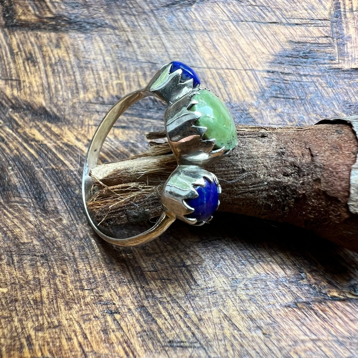 Sterling Silver Kingman Turquoise & Lapis Lazuli Three-Stone Ring