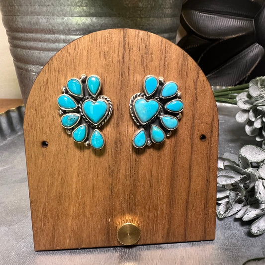 Kingman Turquoise Heart Half Cluster Stud Earrings Sterling Silver