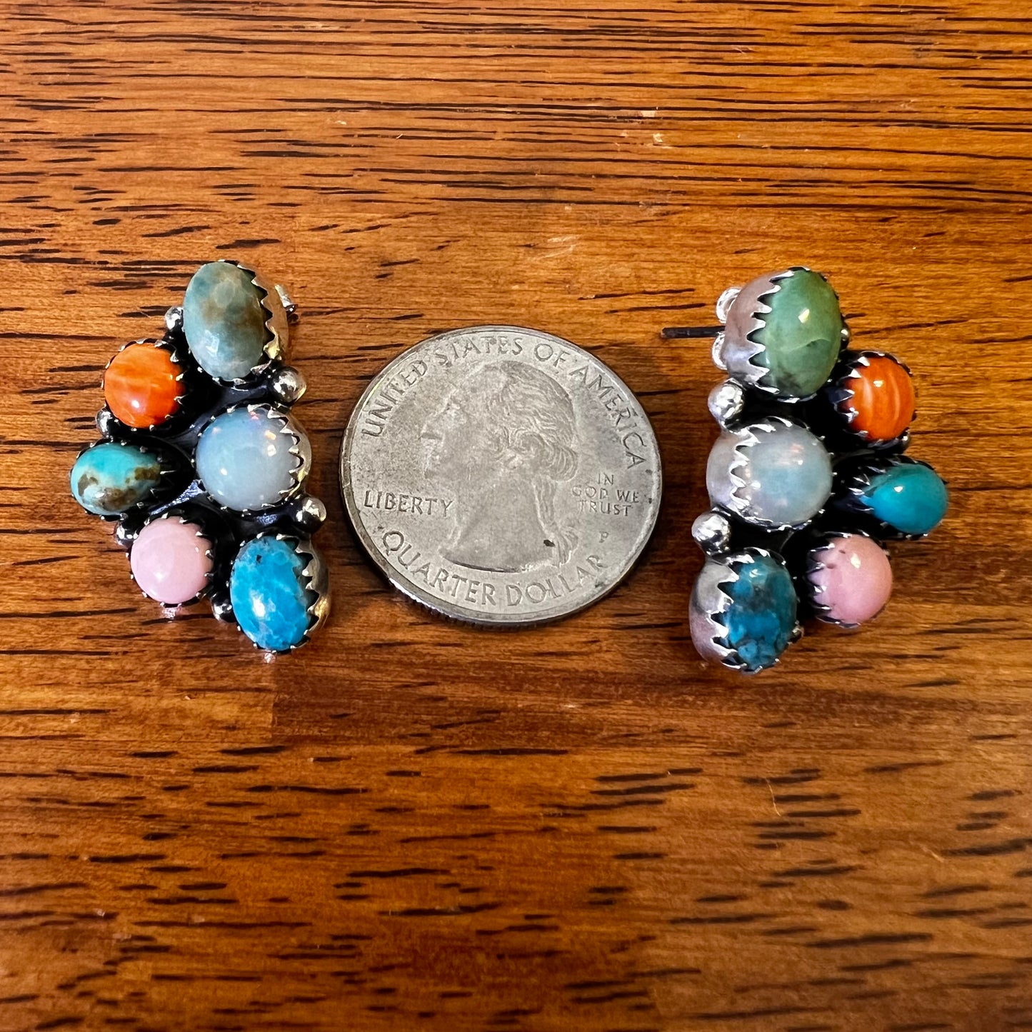 Multistone Cluster Earrings in Sterling Silver | Turquoise, Opal, Pink Conch & Spiny Oyster