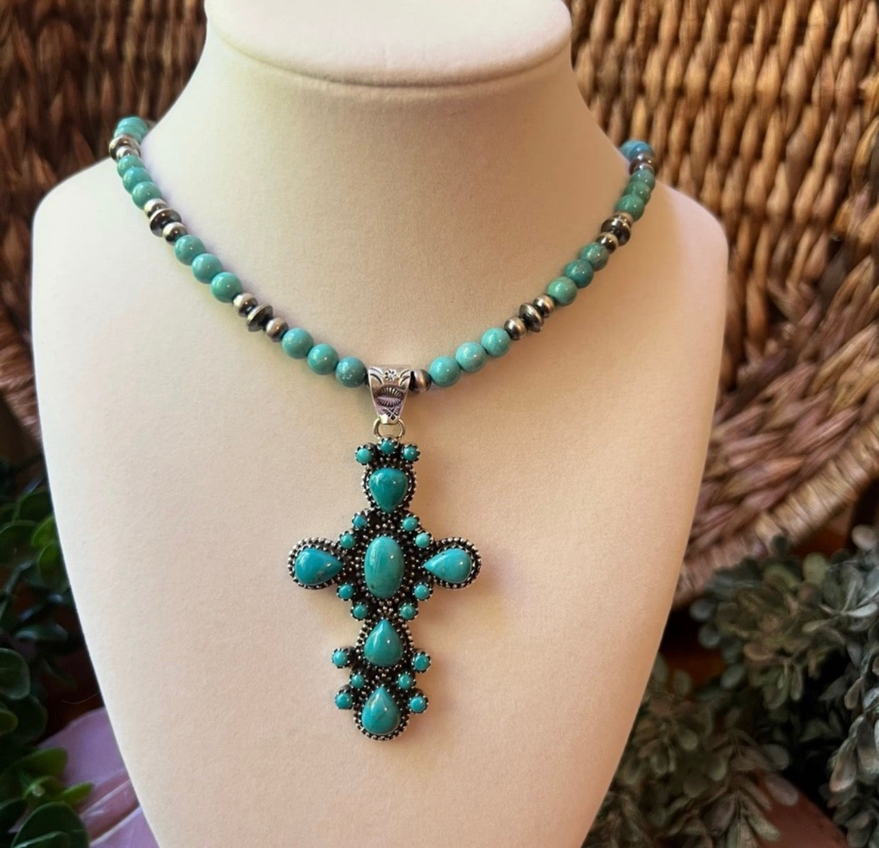 Sterling Silver & Kingman Turquoise Cluster Cross Pendant
