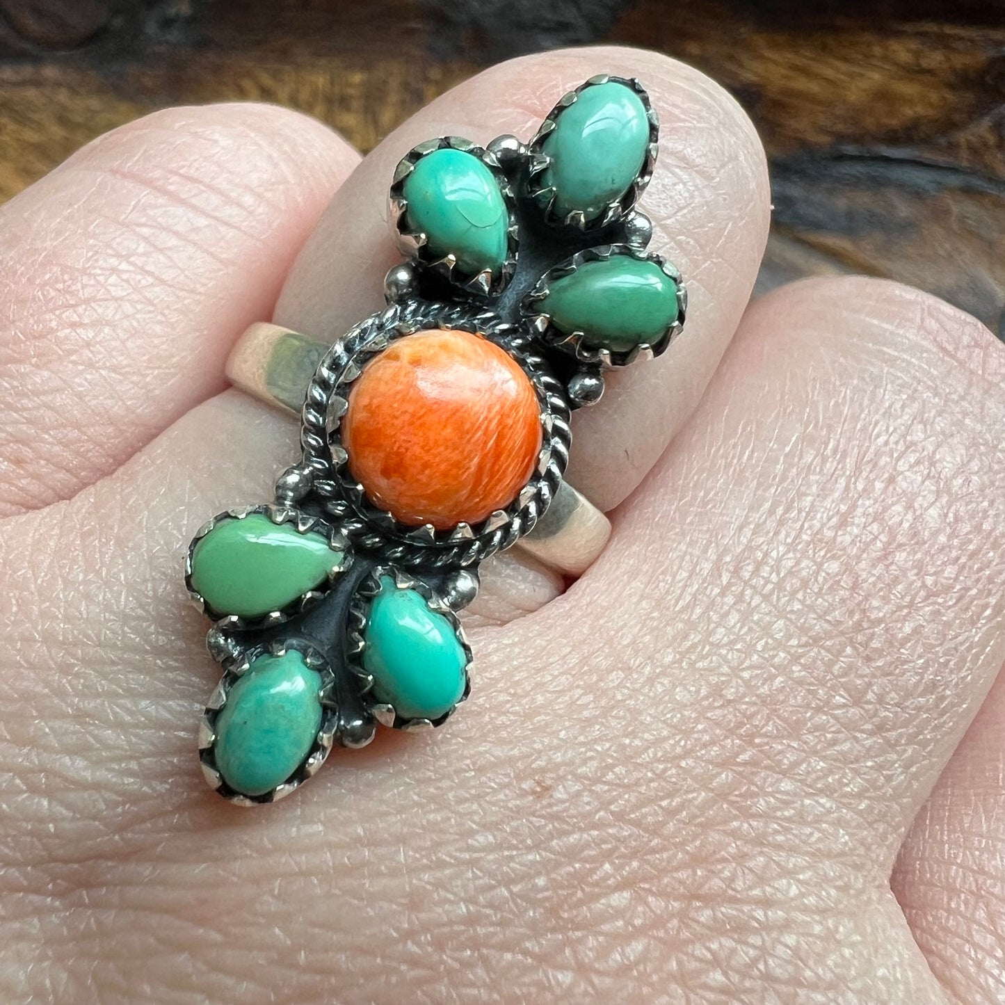 Sterling Silver Spiny Oyster Turquoise Cluster Ring Adjustable Size 9