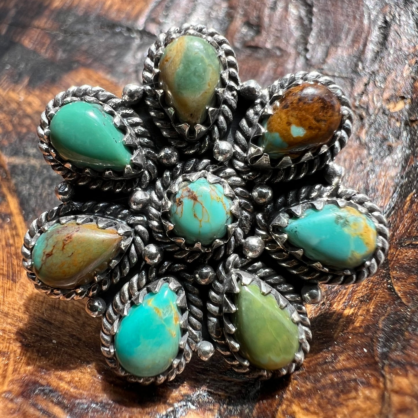 Kingman Turquoise Floral Cluster Ring in Sterling Silver
