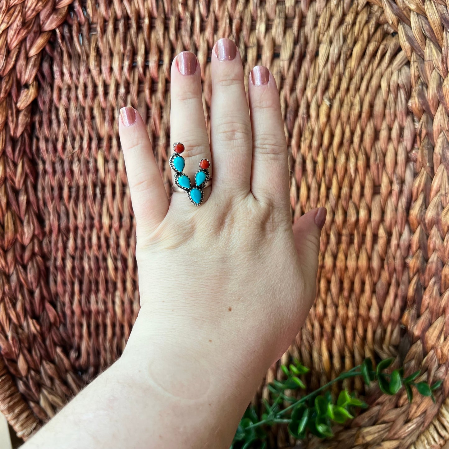 Sterling Silver Kingman Turquoise & Italian Coral Cactus Ring