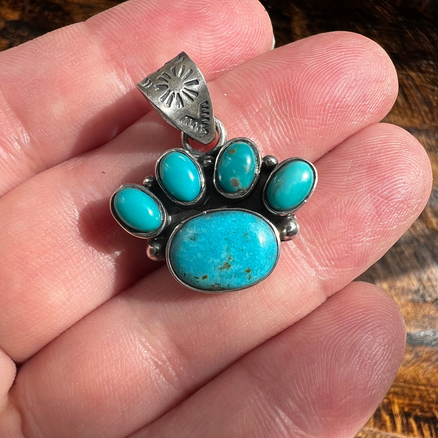 Kingman Turquoise Paw Pendant Sterling Silver Handmade Southwestern