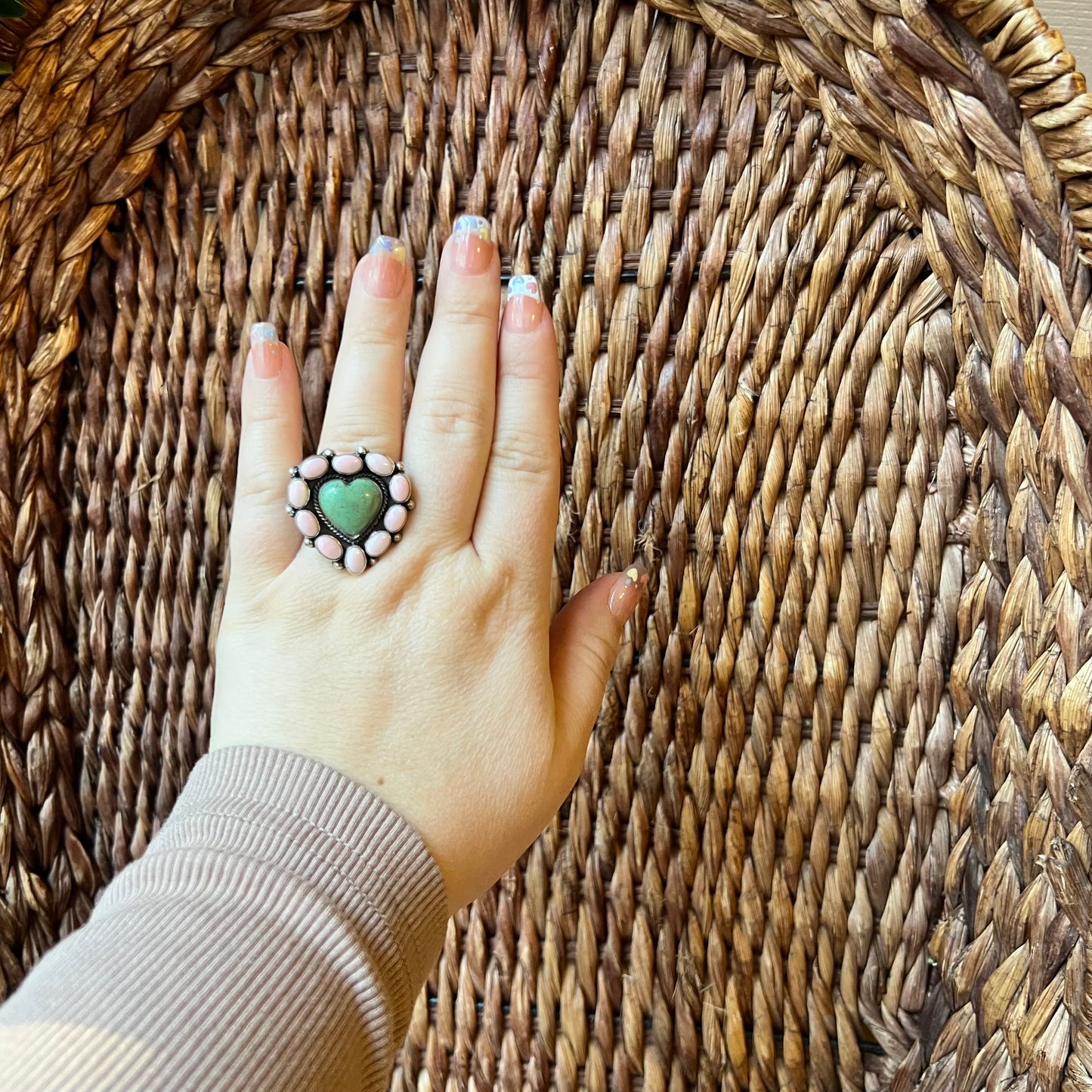Kingman Heart & Queen Conch Cluster Ring — Sterling Silver Statement (Size ~9¼)