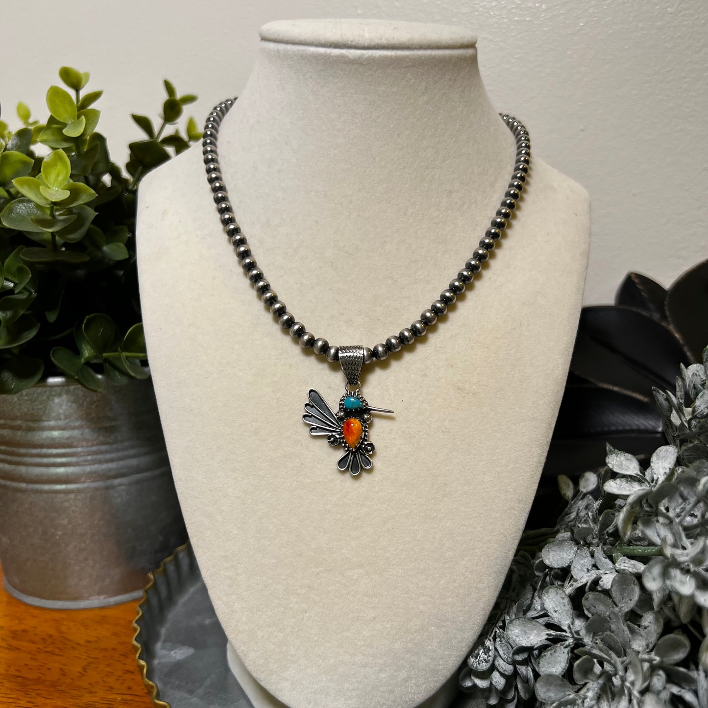 Turquoise & Spiny Oyster Hummingbird Sterling Silver Pendant