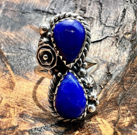 Lapis Lazuli Double Teardrop Statement Ring in Sterling Silver Size 9.5