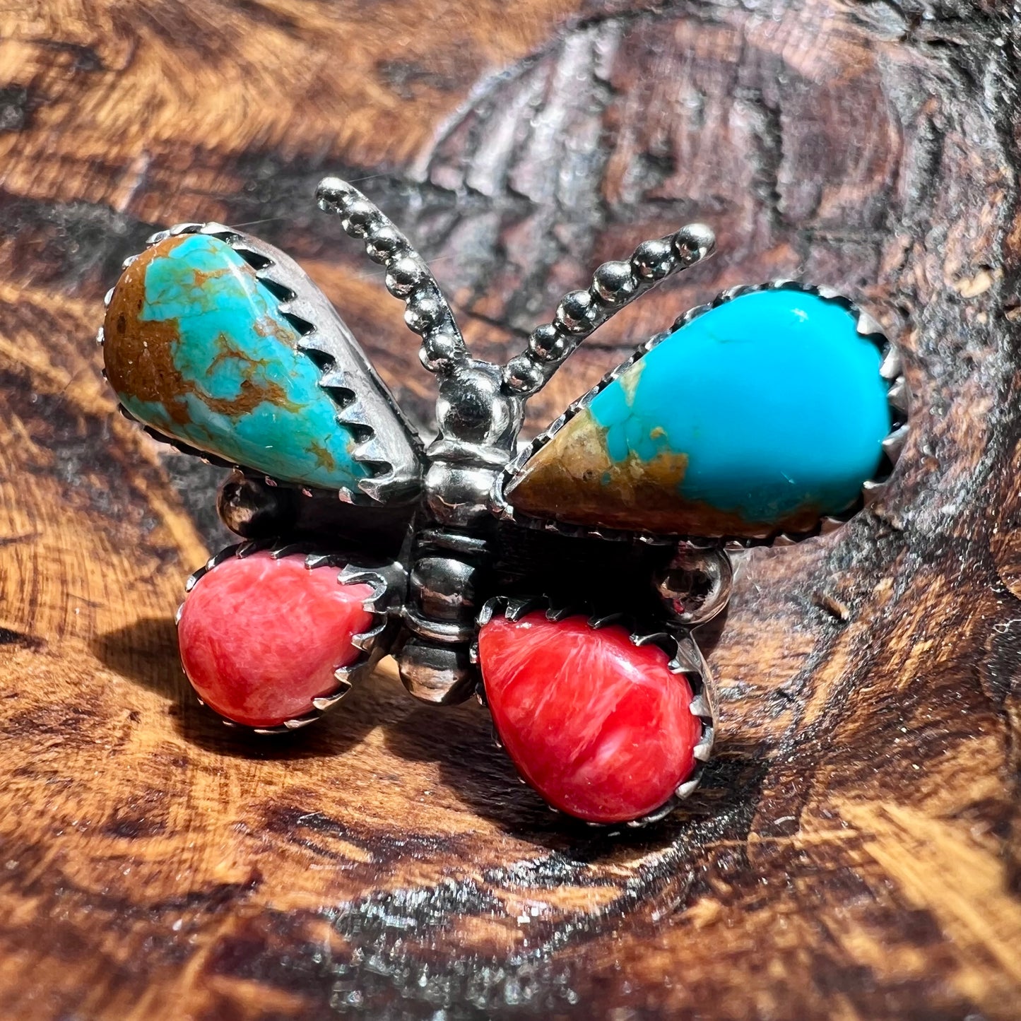 Kingman Turquoise & Spiny Oyster Butterfly Ring – Sterling Silver Statement (Size 9)