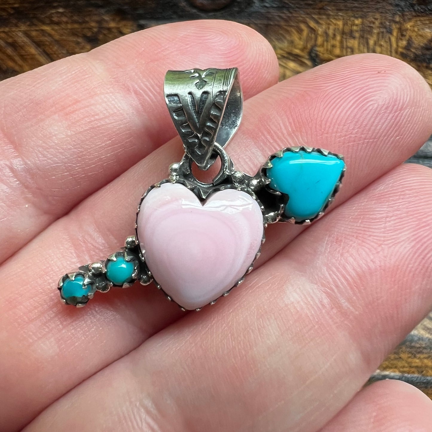 Queen Conch Heart & Kingman Turquoise Arrow Sterling Silver Pendant
