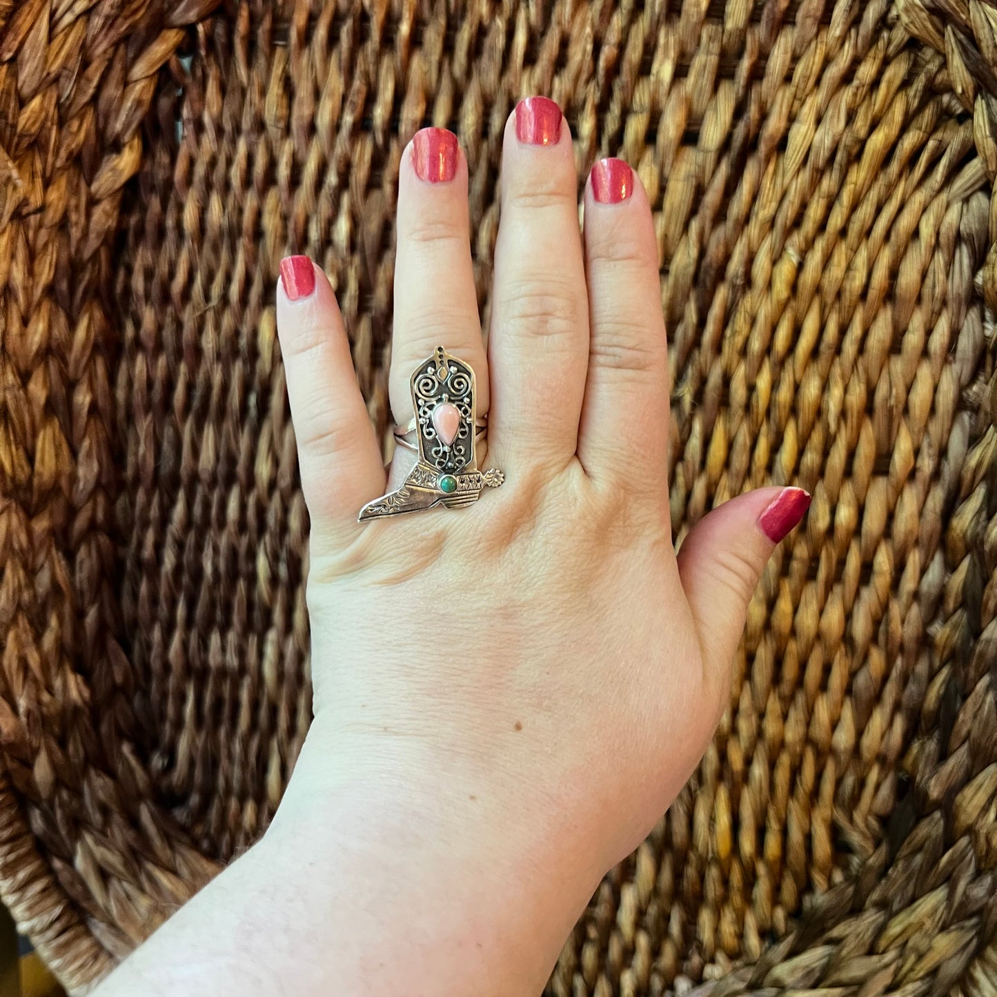 Sterling Silver Pink Conch Cowboy Boot Ring with Kingman Turquoise – Size 7.5