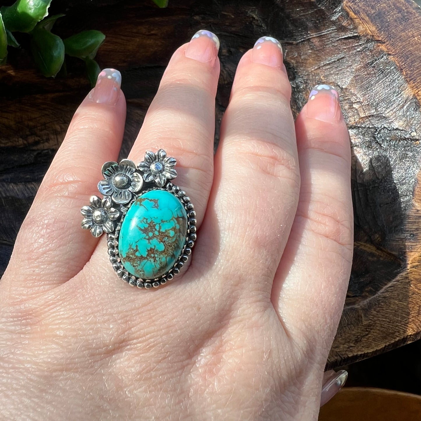 Kingman Turquoise Floral Statement Ring in Solid Sterling Silver