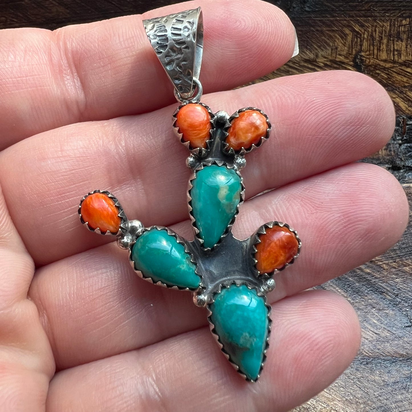 Southwestern Sterling Silver Turquoise & Spiny Oyster Cactus Pendant