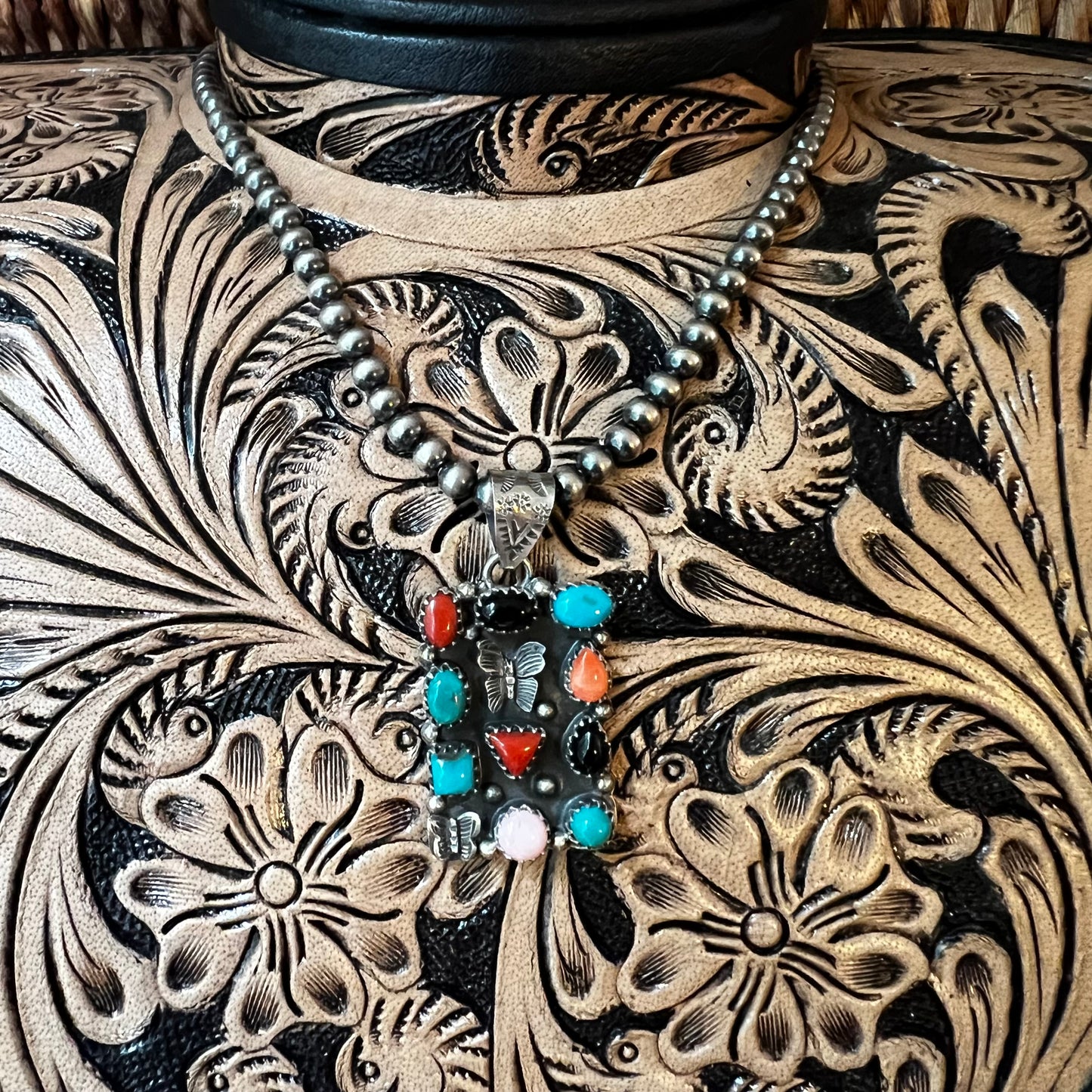 Sterling Silver Multi-Stone Butterfly Statement Pendant | Turquoise, Red Coral, Queen Conch & Black Onyx