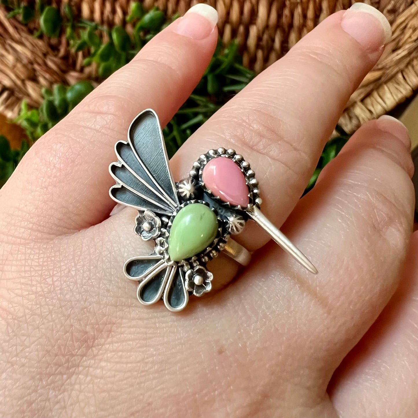 Sterling Silver Green Turquoise Queen Conch Hummingbird Ring Adjustable 8