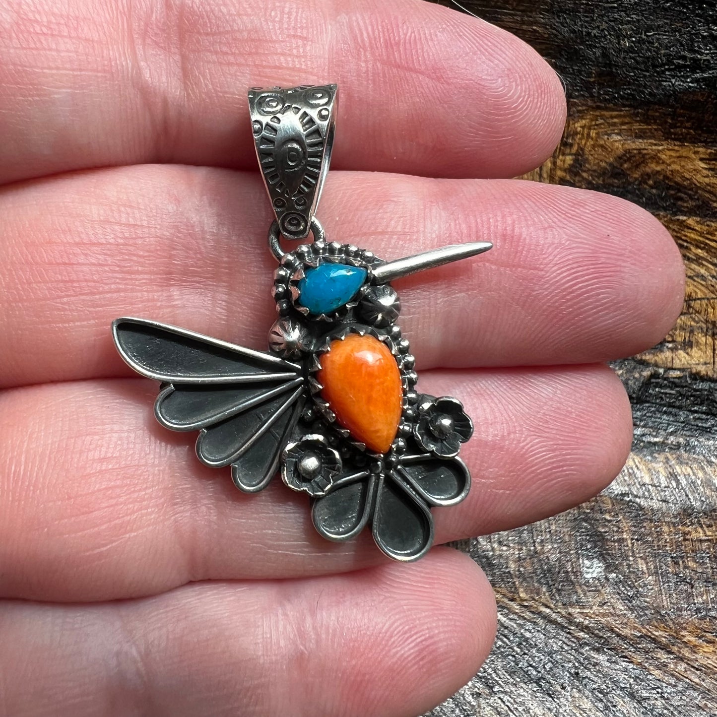 Sterling Silver Kingman Turquoise & Spiny Oyster Hummingbird Pendant